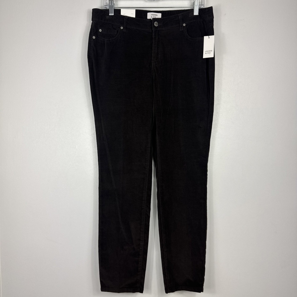 Crown & Ivy Corduroy Pants Womens 10 Chocolate Brown Mid Rise Straight Leg NEW - Picture 2 of 11